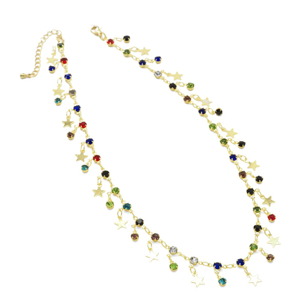 Multicolor Drop Star Gold Link Chain Necklace, Sku#EF354