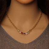 Rolo Link Round Colorful CZ Gold Chain Necklace, Sku#EF357