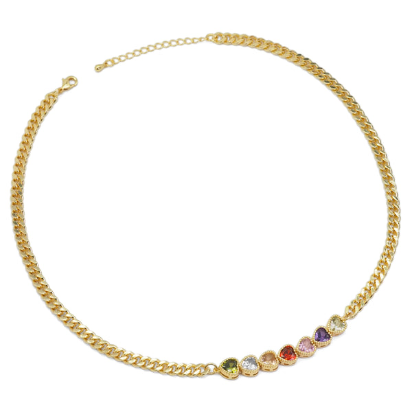 Cuban Link Chain Colorful CZ Heart Necklace, Sku#EF358