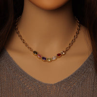Colorful Oval Link CZ Chain Necklace, Sku#EF359
