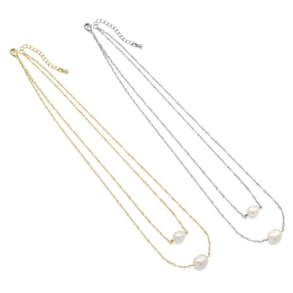 Dainty Chain Freshwater Pearl Layered Necklace, Sku#EF377