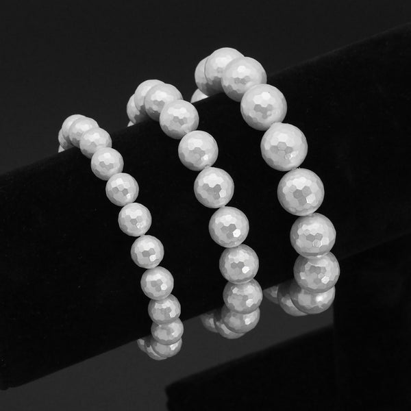 White MOP Round Faceted Stretchy Bracelet, Sku#EF380
