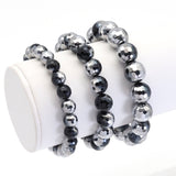 Half Silver Plated Black Onyx Round Faceted Stretchy Bracelet, Sku#EF384