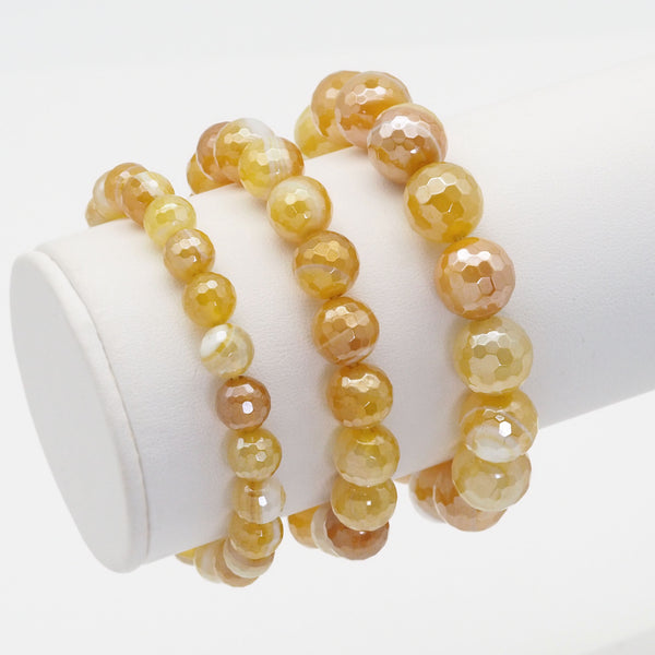 Mystic Yellow Banded Agate Round Faceted Stretchy Bracelet, Sku#EF398