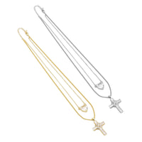 CZ Cross Heart Link Gold Silver Adjustable Necklace, Sku#EF459