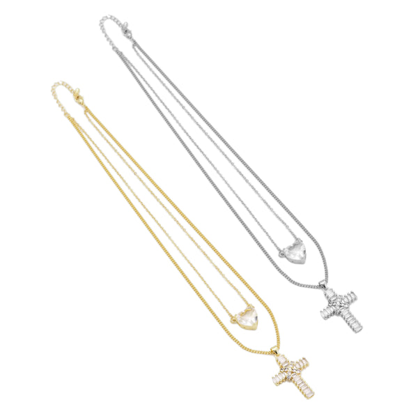 CZ Cross Heart Link Gold Silver Adjustable Necklace, Sku#EF459