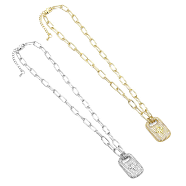 CZ Star Padlock Paperclip Chain Necklace, Sku#EF480