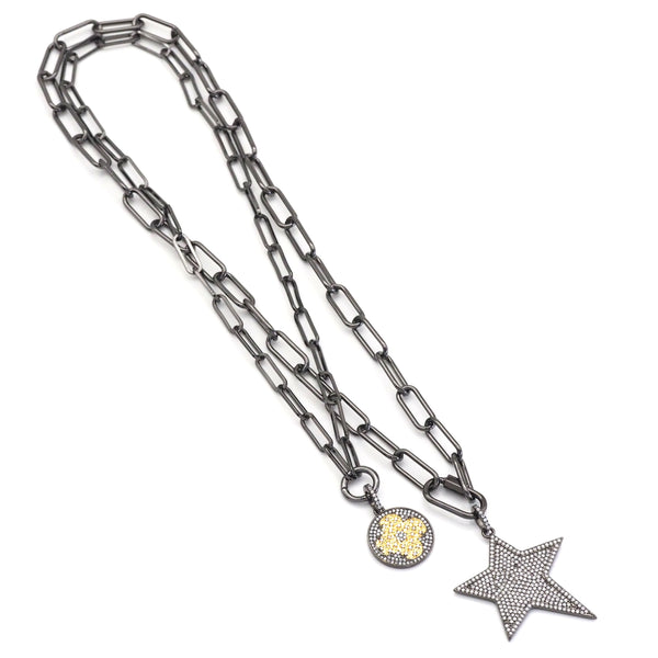 Gunmetal Paperclip Chain Star Flower Pendant Chain Set Necklace, Sku#EF496