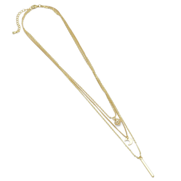 Dainty Gold Diamond Moon Bar Pendant Layering chain set Necklace, Sku#EF486
