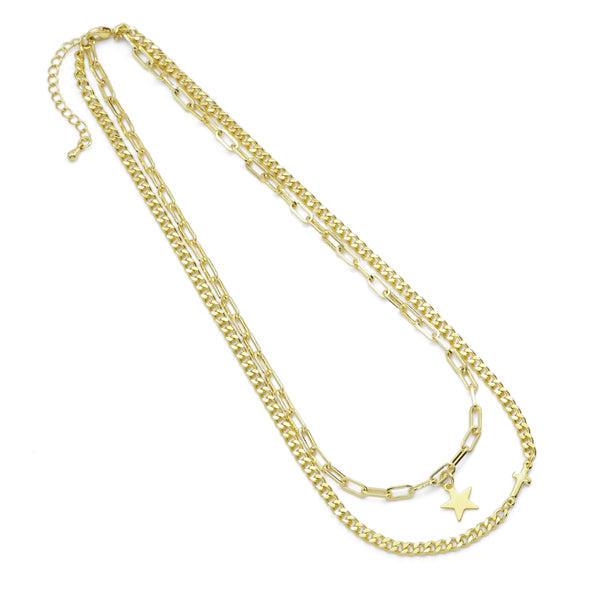 Dainty Gold Five Star Pendant Layering chain set Necklace, Sku#EF488
