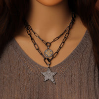 Gunmetal Paperclip Chain Star Flower Pendant Chain Set Necklace, Sku#EF496