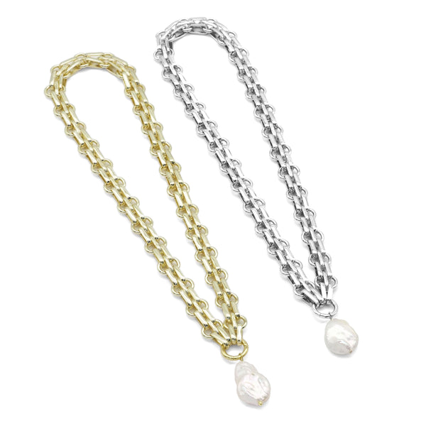 Thick Link Chain Necklace with Freshwater Pearl Pendant Necklace, Sku#EF504