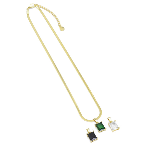 Gold herringbone Chain with Rectangle CZ Pendant Necklace, Sku#EF506