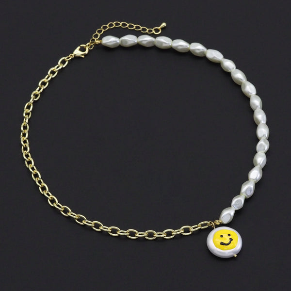 Link Gold Chain White Beads Smiley Face Pendant Necklace, Sku#EF509