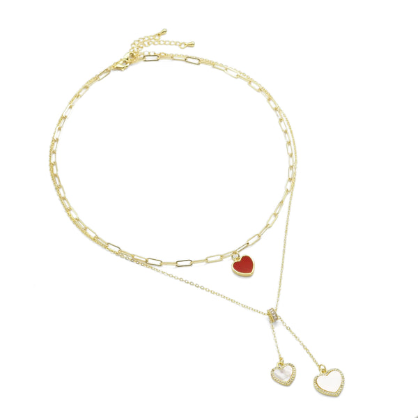 Gold Chain Red Heart White Mop Heart Pendant Necklace, Sku#EF513