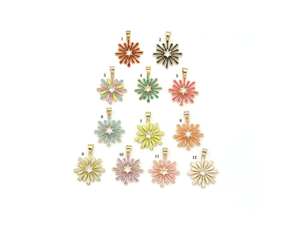Enamel Colorful Daisy Flower with Big CZ Shape Pendant, 18K Gold Filled Flower Charm, Necklace Bracelet Charm Pendant, Sku#F1447