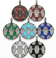 LARGE Enamel Colorful Round With Hamsa Hand Pendant,CZ Micro Pave Oil Drop Round pendant,Enamel pendant,Enamel Jewelry,34x38mm,sku#F592