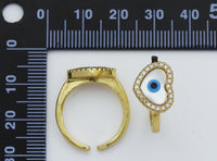 Gold MOP Round/Heart Evil Eye Adjustable Ring, Sku#LD274