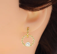 Gold CZ Round Ring Pearl Stud Earrings, Sku#ZX80