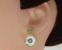 CZ Pearl Gold Round Coin Stud Earrings, Sku#O107