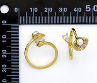 CZ Gold Tulip Flower Pearl Adjustable Ring, Sku#LD309