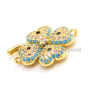 CZ Micro Pave Turquoise Cobalt Four-leaf Clover Connector, Clear Cubic Ziroconia Space Connector 16mm, Jewelry Findings,sku#E24