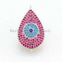 CZ Micro Pave Fuchsia Teardrop Connector with Turquoise Evil Eye for Bracelet/Necklace, Cubic Ziroconia Space Connector, 15x27mm,sku#E26