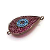 CZ Micro Pave Fuchsia Teardrop Connector with Turquoise Evil Eye for Bracelet/Necklace, Cubic Ziroconia Space Connector, 15x27mm,sku#E26