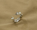 Pearl Hammered Gold Silver Hoop Earrings, sku#J330