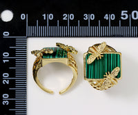 CZ Gold Bee On Malachite Rectangle Stone Ring, Sku#LK744