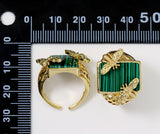 CZ Gold Bee On Malachite Rectangle Stone Ring, Sku#LK744