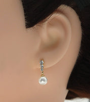 Gold CZ Pearl Dangle Earrings, Bridal Jewlery, Sku#ZX100
