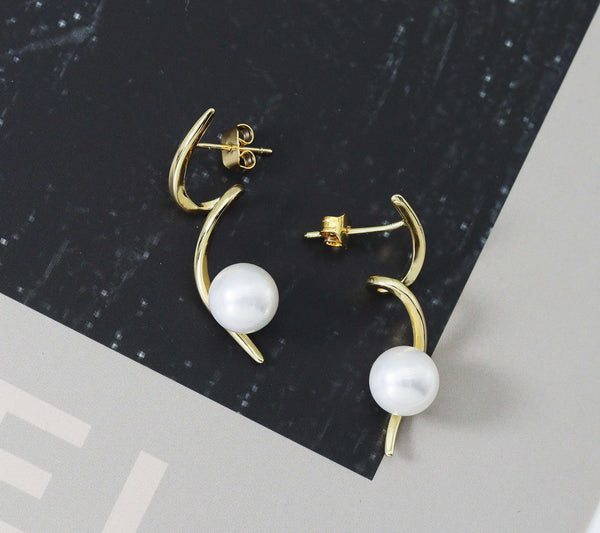 Gold CZ Pearl Curve Swirl Stud Earrings, Sku#ZX102