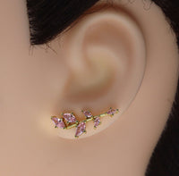 Gold Pink CZ Ear Climber Earrings, Branch Earrings, Sku#B224