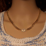 Pink Heart Lock Cuban Chain Necklace Bracelet, sku#EF164