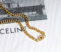 Pink Heart Lock Cuban Chain Necklace Bracelet, sku#EF164
