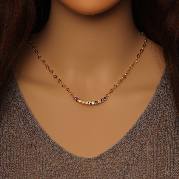 Colorful Heart CZ Link Gold heart link chain Necklace, Sku#Y827