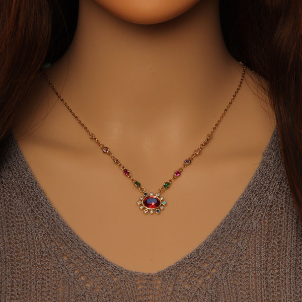 Colorful CZ  Link Garnet Opal Eye Necklace, Sku#Y828