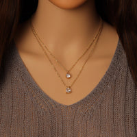 Gold Round Square Pendant Layering Necklace, Sku#EF473