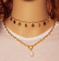 Oval Gold Chain Necklace with Pearl Pendant, Sku#EF214