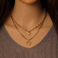 Ovla Cuban Link Chain necklace with heart pendants Layering chain Necklace, Sku#EF487