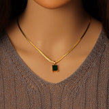 Gold herringbone Chain with Rectangle CZ Pendant Necklace, Sku#EF506