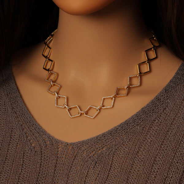 CZ Gold Rhombus Diamond Link Chain Necklace Bracelet set ,sku#LX429