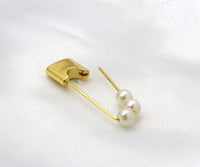 Gold Safety Pin with Pearl Huggie Earrings, Sku#LX40