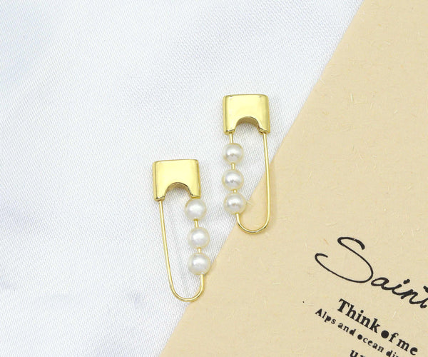 Gold Safety Pin with Pearl Huggie Earrings, Sku#LX40