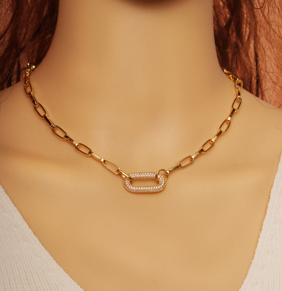 Gold Paperclip Chain CZ Oval Link Necklace, sku#EF262