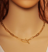 Medium Size Paperclip Gold chain necklace with CZ Toggle Clasp, sku#EF265