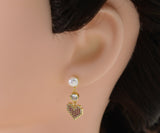 Fuchsia CZ Heart and Pearl Stud Earrings, Sku#LD259