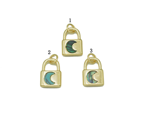 Gold Malachite Turquoise Abalone Cresent Moon Lock Charm, Sku#L681