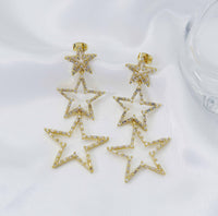 Gold Triple Five Point Star Dangle Earrings, Sku#LD271